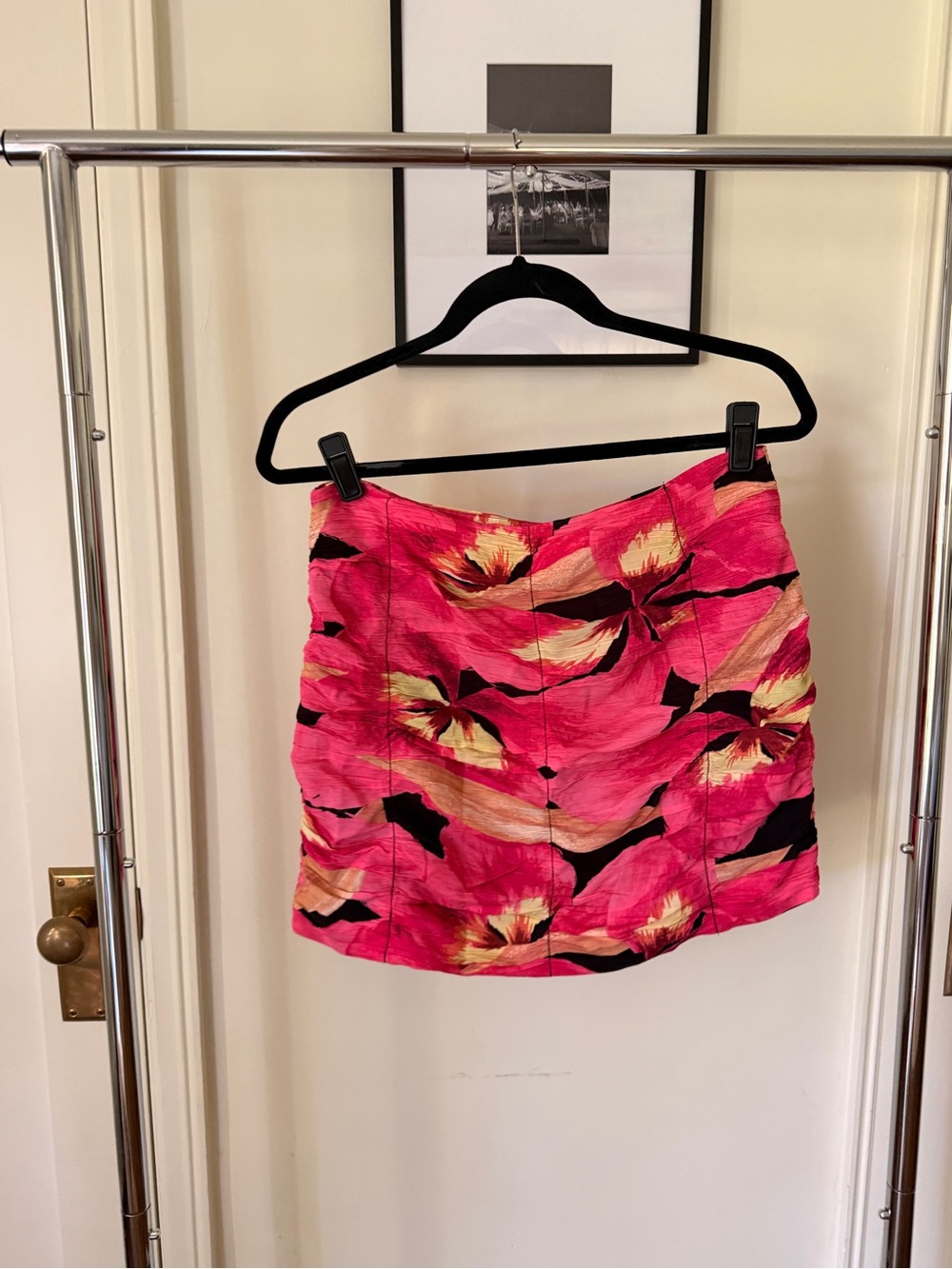 H&M Pink Floral Print Mini Skirt with Black & Yellow Accents